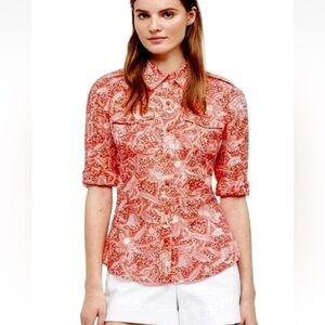 TORY BURCH BRIGITTE BLOUSE W EPAULETS & ADJUSTABLE SLEEVES CORAL MELON EUC